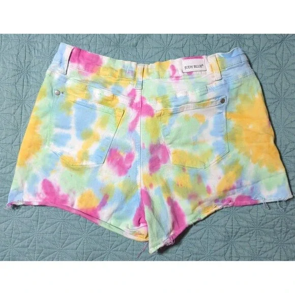 Judy Blue Women's Pastel Tie Dye Shorts Sz Large Raw Edge Mid-rise Stretch Denim - Picture 4 of 8